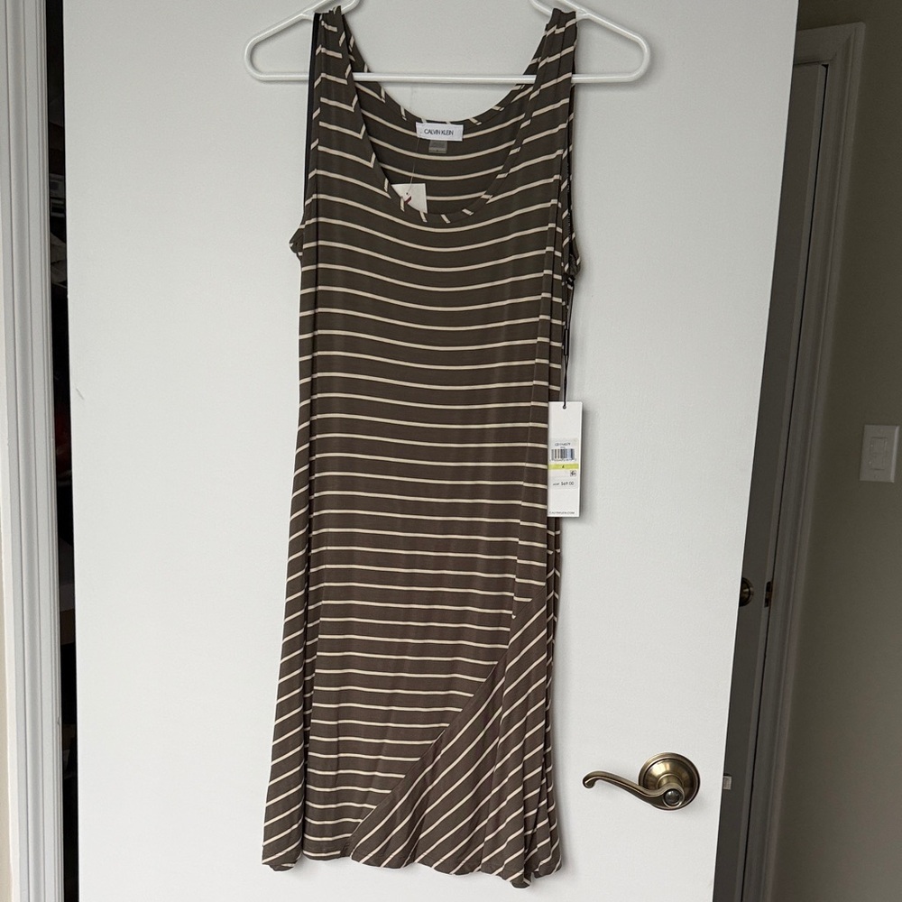NWT Calvin Klein Army Green/ Cream Striped Midi Dress
